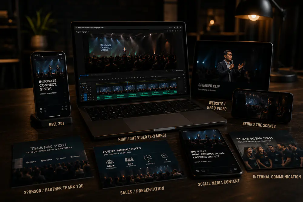 Cinematic editing workspace showing one event video repurposed into reels, clips, website assets, and presentation material